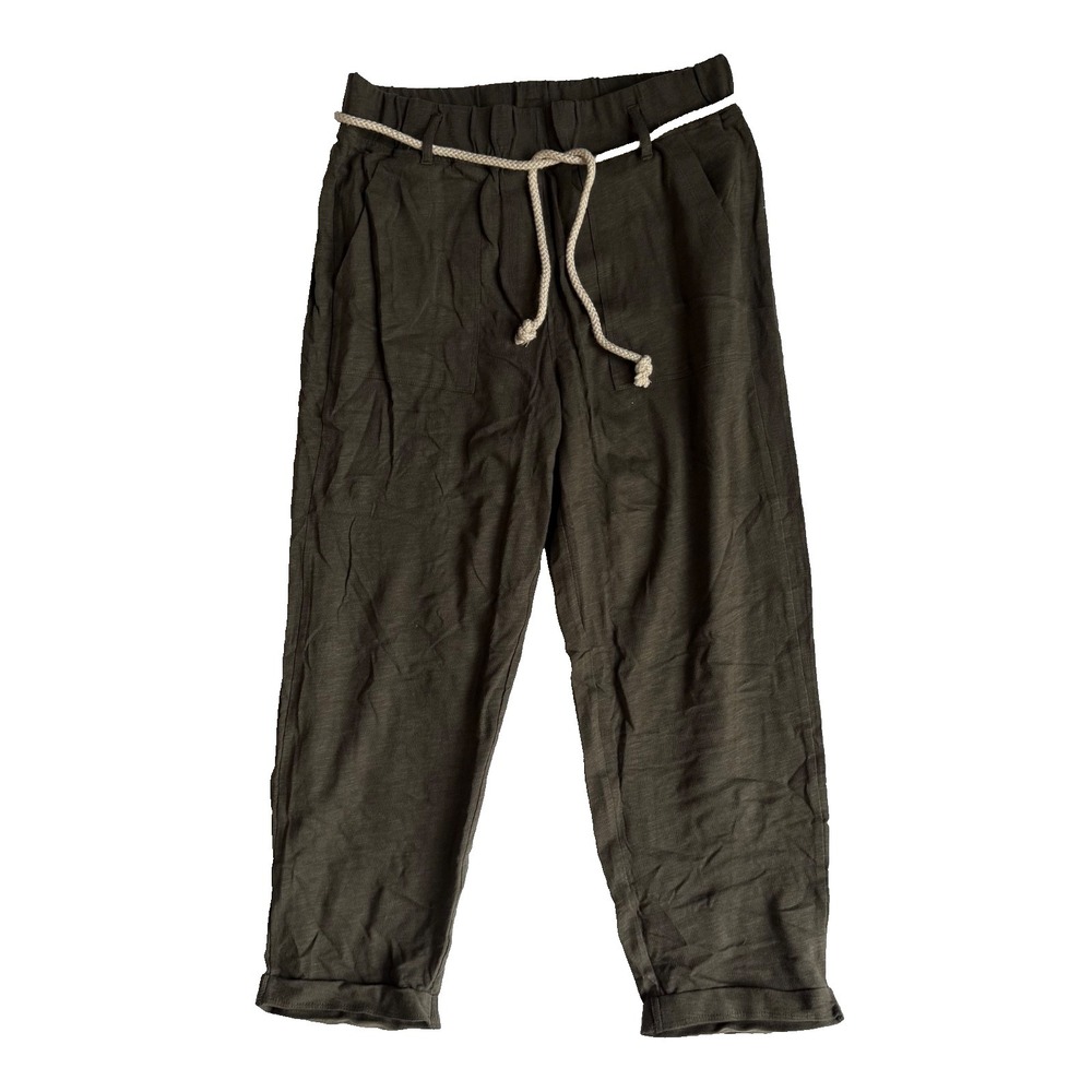Womens Linen Blend Crop Pants Grey State Olive Green Elastic Waist Sz 2